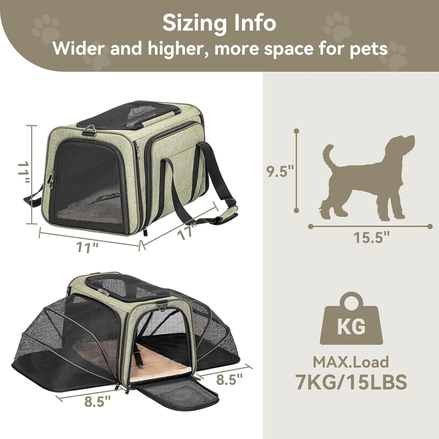 Petsfit Expandable Cat Dog Carrier Airline Approved, 17" L x 11" W x 11" H Soft-Sided Portable Pet Travel Carrier for Kitten, Puppy, Removable Soft Plush Mat and Pockets, Auto-Locking Zippers