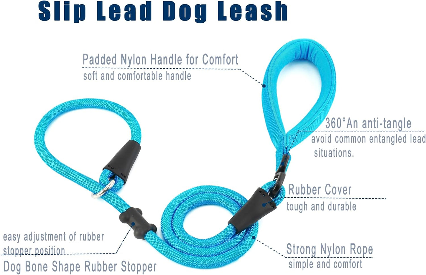 Slip Lead Dog Leash，Strong Nylon Rope Leash and Padded Handle,No Pull Outdoor Walking Training Lead for Small Medium Large Dogs(Blue,1/2"×4ft)
