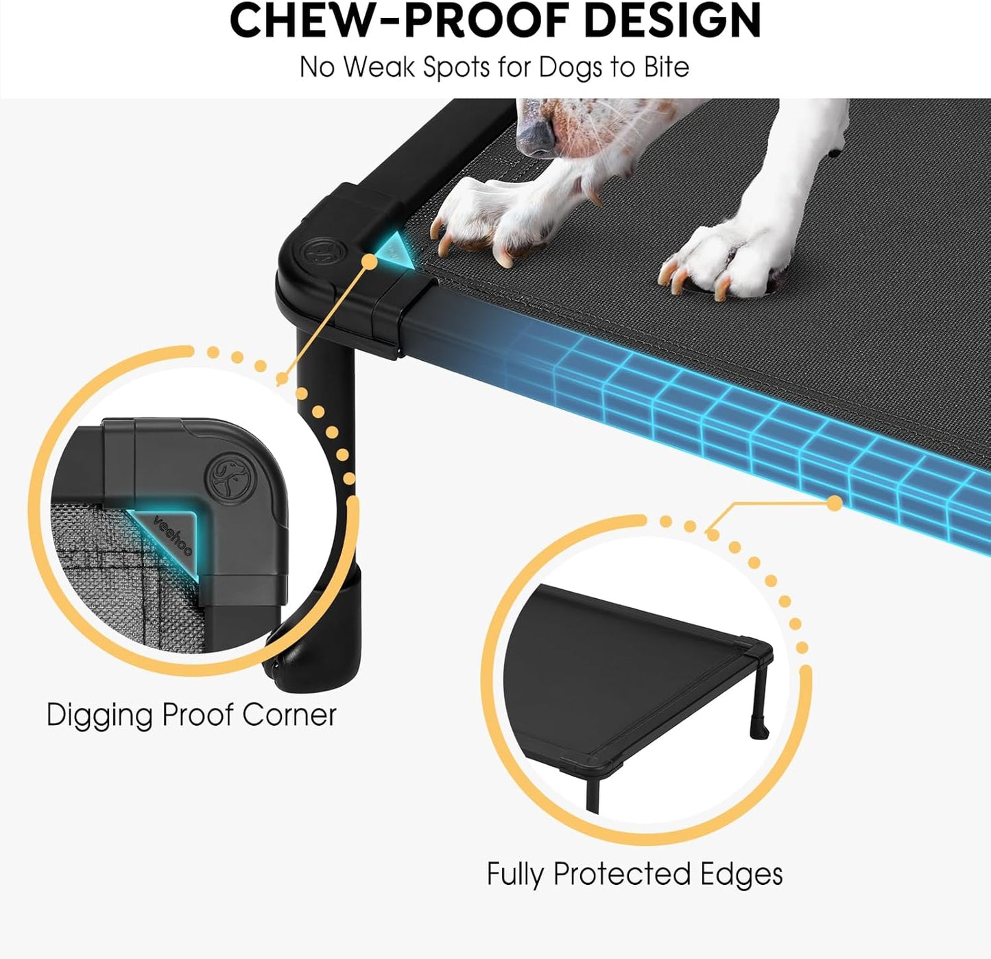 Veehoo Chew-Proof Elevated Dog Bed, Durable Training Platform for Large Dogs, Indoor/Outdoor Raised Pet Cot, Black, 41x27inches, Model CWC2420CP