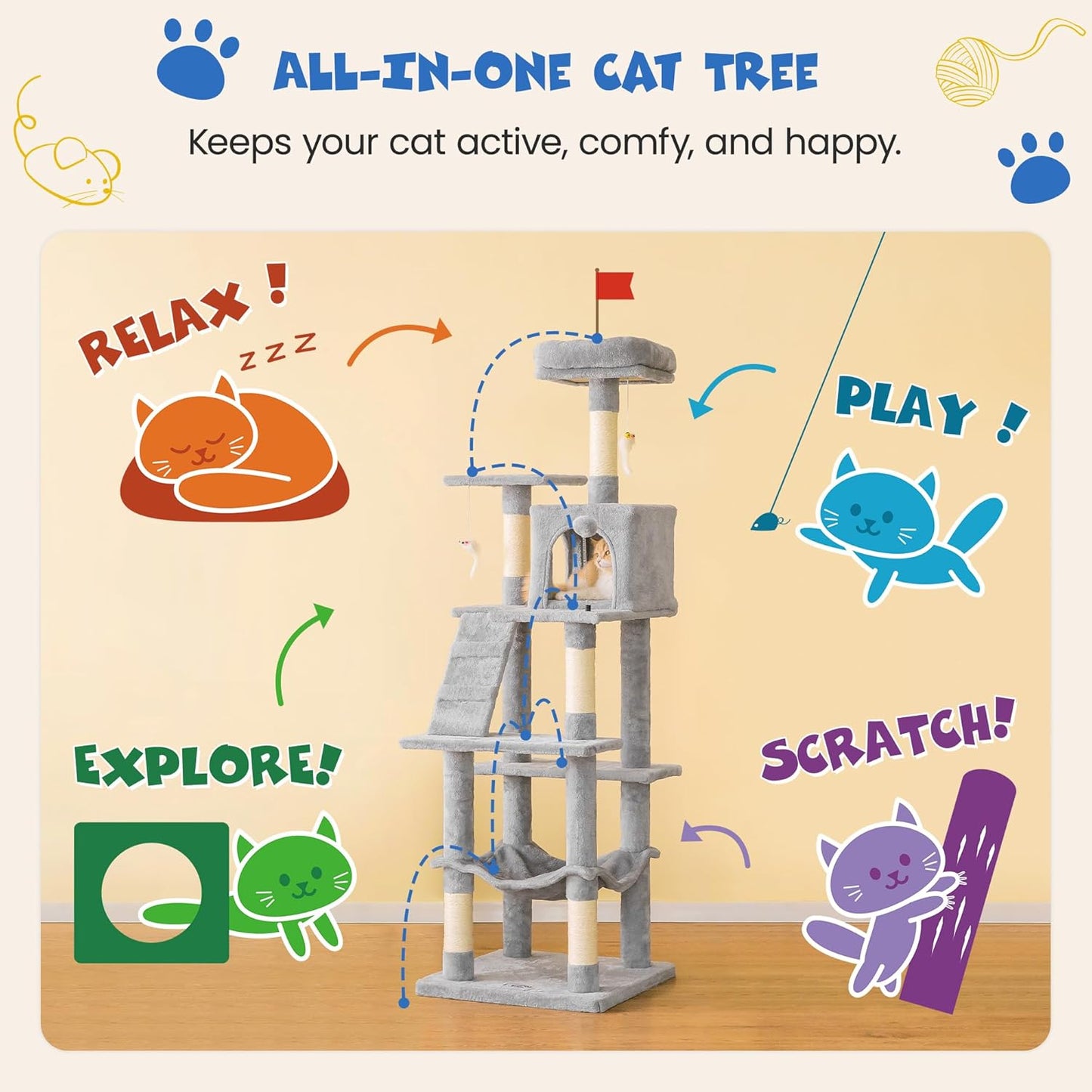 MWPO 63.8 inches Multi-Level Cat Tree for Large Cats with Sisal-Covered Scratching Posts, Padded Platform, Hammock and Condo,Stable Cat Tower Cat Condo Pet Play House-Light Gray