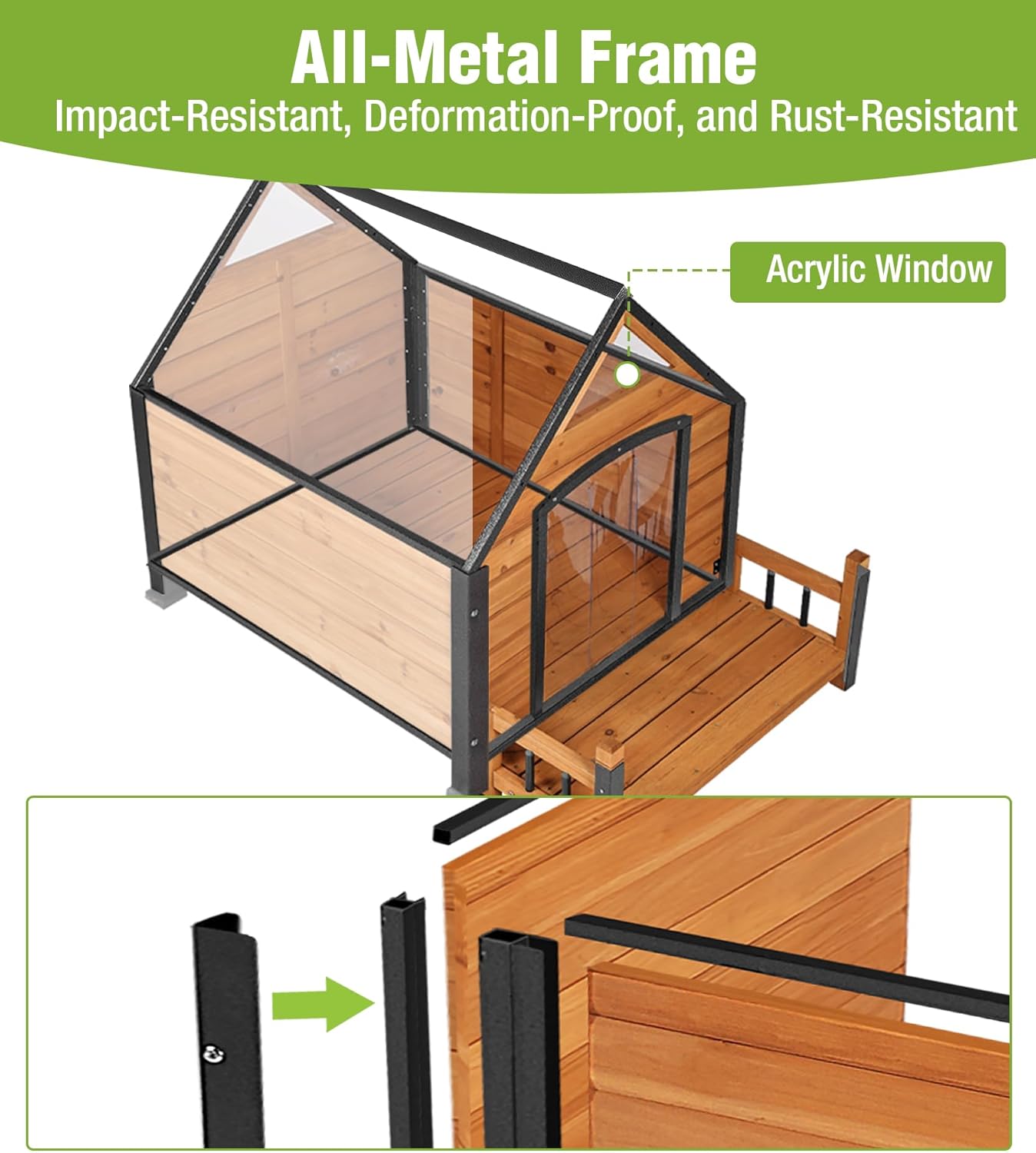 GUTINNEEN Insulated Dog House Outdoor, Waterproof Dog Kennel with Anti-Bite Design, Asphalt Roof, Elevated Base, PVC Curtain, for Small to Medium Dogs - Brown