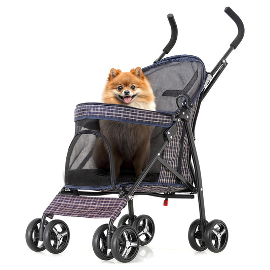 MoNiBloom 4 Wheels Pet Stroller, Easy-Fold Umbrella Shaped Dog Cat Jogger Stroller w/Storage Bag & Visible Mesh for Small/Medium Dogs Cats Plaid