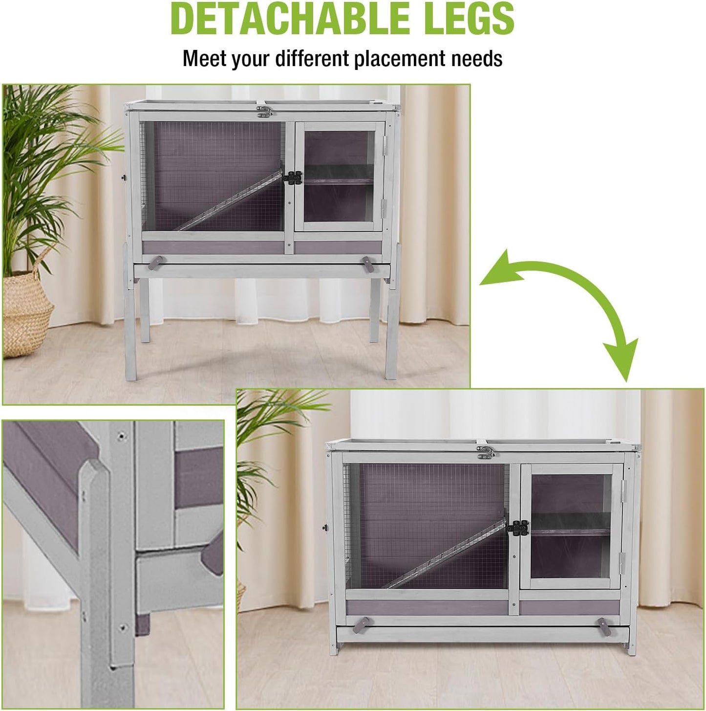 GUTINNEEN Rabbit Hutch Bunny House, 36.6" L Rabbit Cage with Anti Chewing Ramp, Guinea Pig Cage with Cooling Galvanized Sheet, Detachable Legs(Grey)