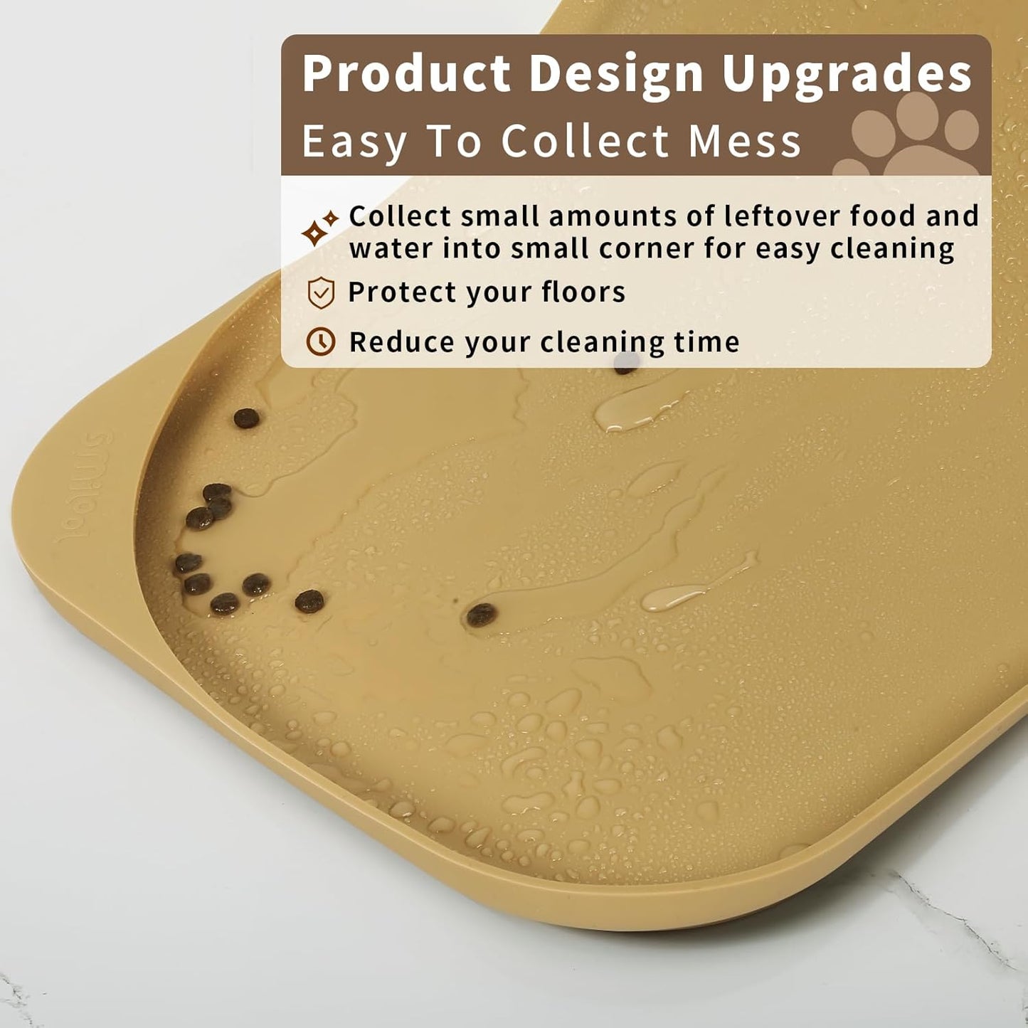 Silicone Pet Feeding Mat with Raised Edge & Residue Collection Pocket for Food and Water, Dog Bowl Mats, Cat Bowls Placemat with High Lip for Floor Waterproof, 19 x 12 x 0.7 Beige