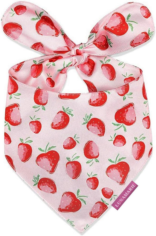 LunaMarie - Luxury Pet Birthday Bandanas -Premium & Silky Poly Fabric | 100% Handmade | Custom Shape Dual Layered (Strawberry, Small)