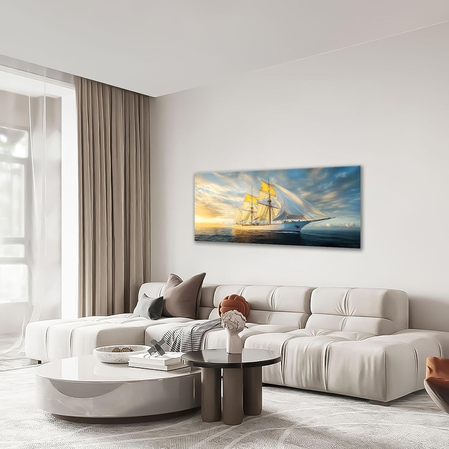 Nautical Ship Large Wall Art Sea Sailing Ship Sunrise Pictures Nature Seascape Wall Decor Canvas Print Painting Artwork for Bathroom Living Room Bedroom 30"x60"