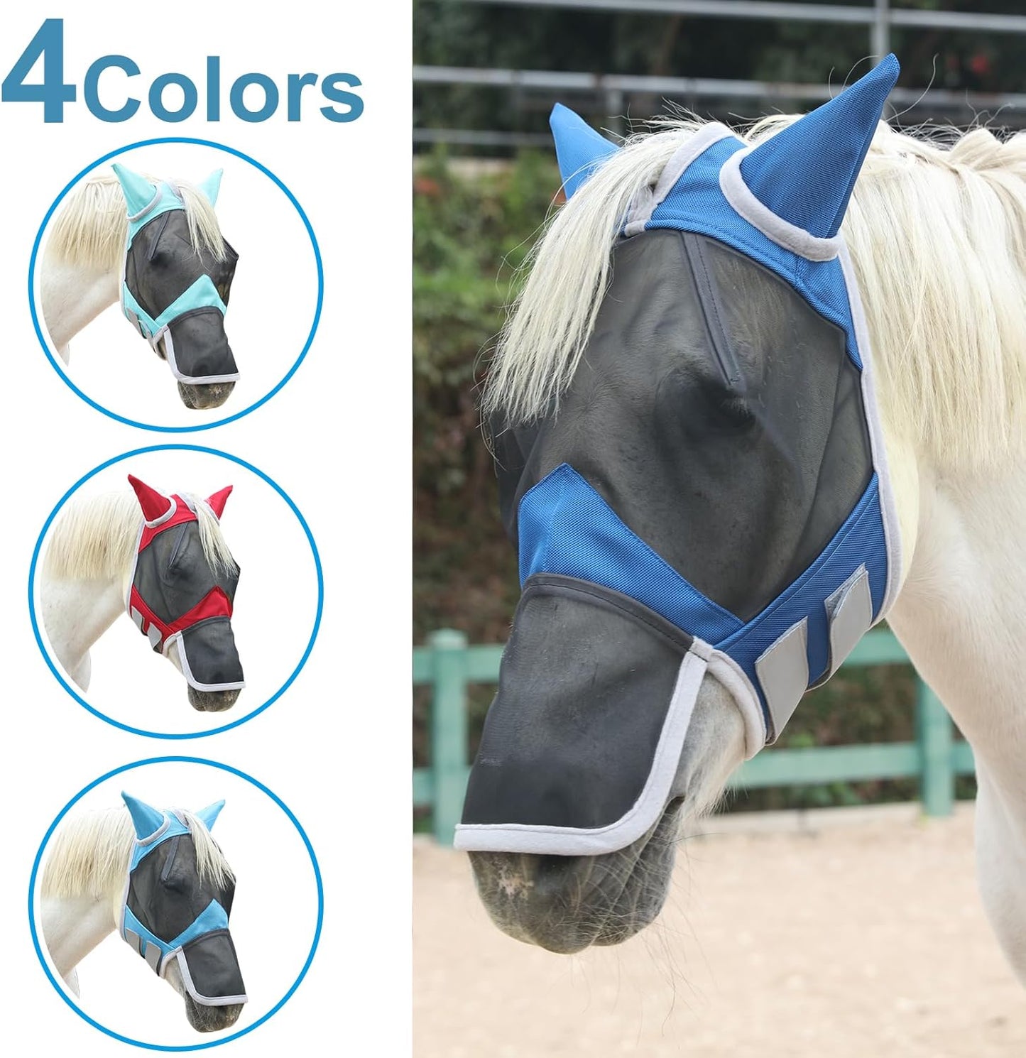 Horse Fly Mask with Ears & Long Nose Cover | Forelock Opening for Tangle-Free Mane Care | UV Protection & Breathable Mesh | No Rub Fit and Enhanced Visbility for Trail Riding RoyalBlue Full