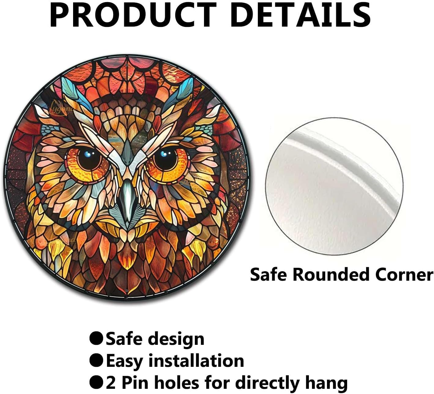 Lygond Metal Sign Tin Sign Circular Stained Glass Owl Metal Sign for Patio 8×8 Inches