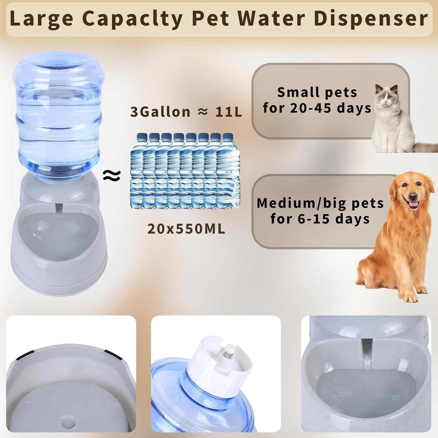 Large Dog Water Bowl Dispenser,3 Gallon/11L Gravity Automatic Pet Water Dispenser,Gravity Water Bowl for Dogs Cats,Large Dog Water Fountain