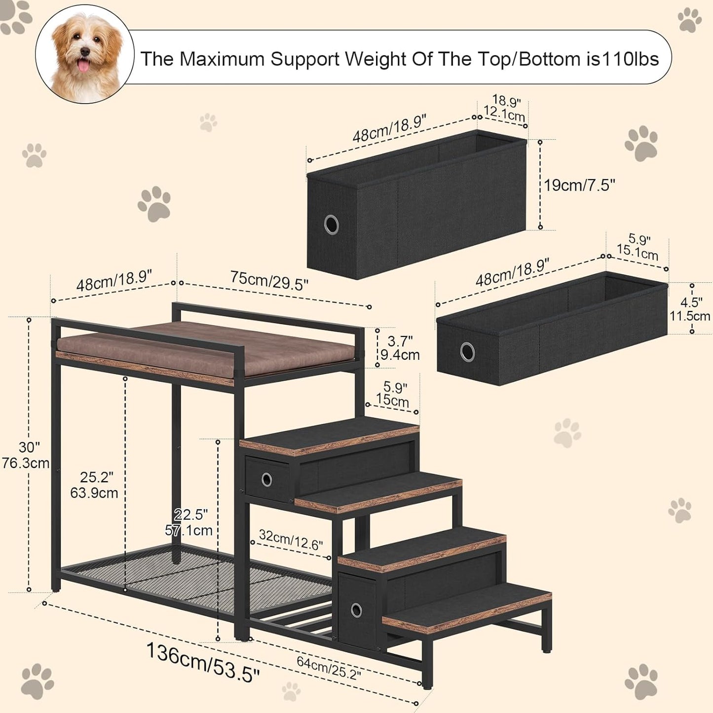 Pet Bunk Bed with Removable Stairs and 2 Drawers, Dogs/Cats Window Perch, Dog Window Seat with Soft Cushion, Ultra-Shallow Steps, Sturdy Metal Frame, Non-Slip