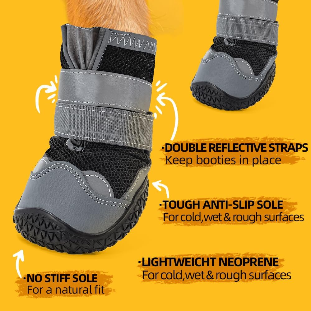 Dog Shoes for Large Dogs, Medium Dog Boots & Paw Protectors for Hardwood Floors, Outdoor Dog Booties for Hot Pavement Winter Snow Hiking, Breathable Dog Shoes with Reflective Strips Size 4