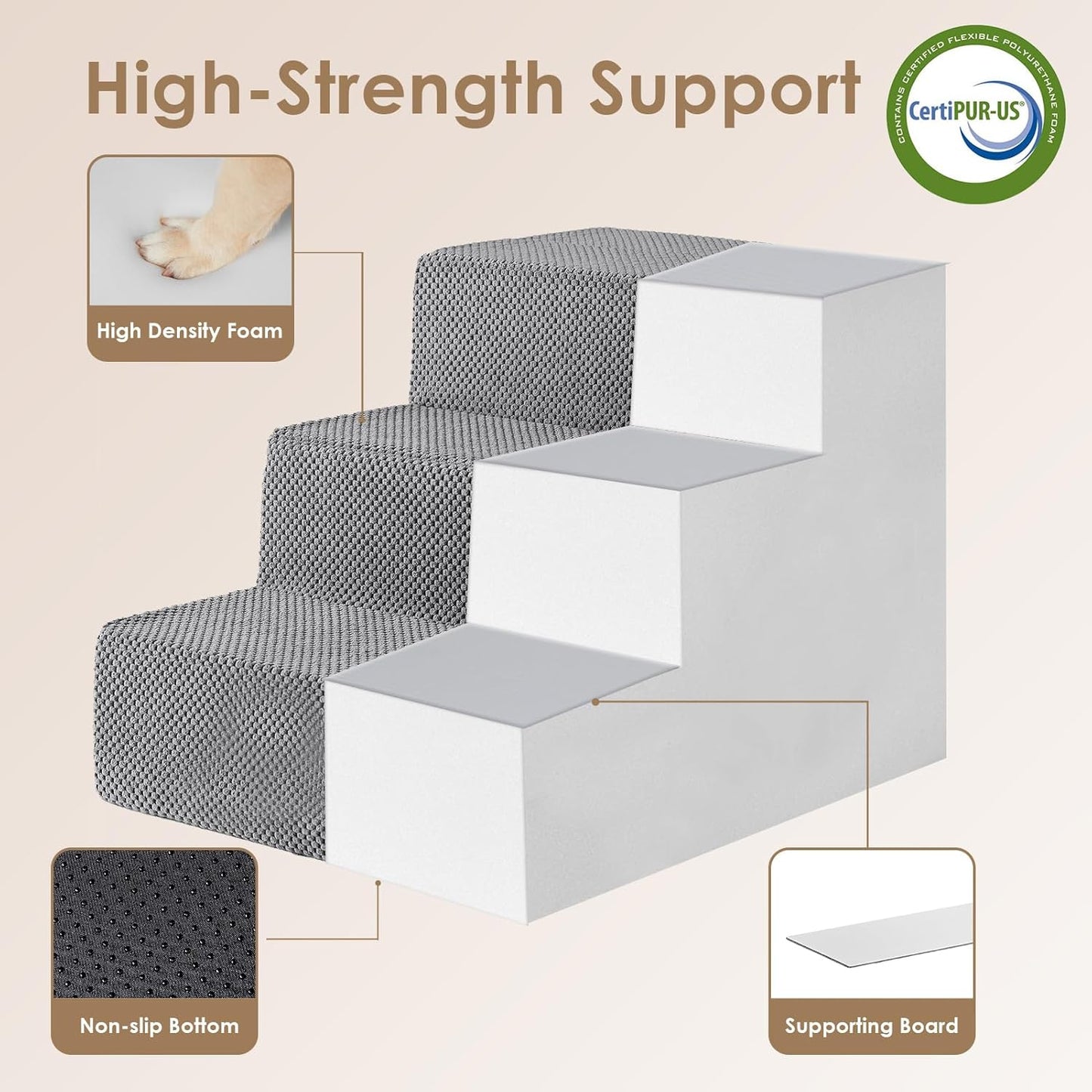 EHEYCIGA Dog Stairs for Small Dogs 16.5" H, 3-Step Extra Wide Dog Steps for Couch Sofa and Chair, Pet Steps for Medium Cats, Non-Slip Balanced Pet Ramp Indoor, Grey