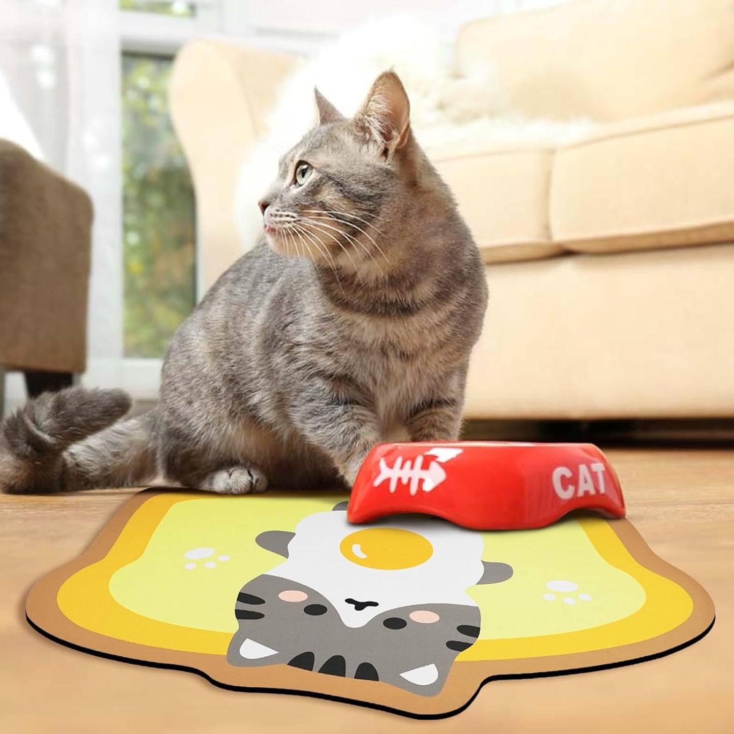 Cat Food Mats for Floor, Cat Water Bowl Mats Pet Feeding Absorbent Mat Cat Placemats for Food and Water Yellow Small 17.7 * 12 inch
