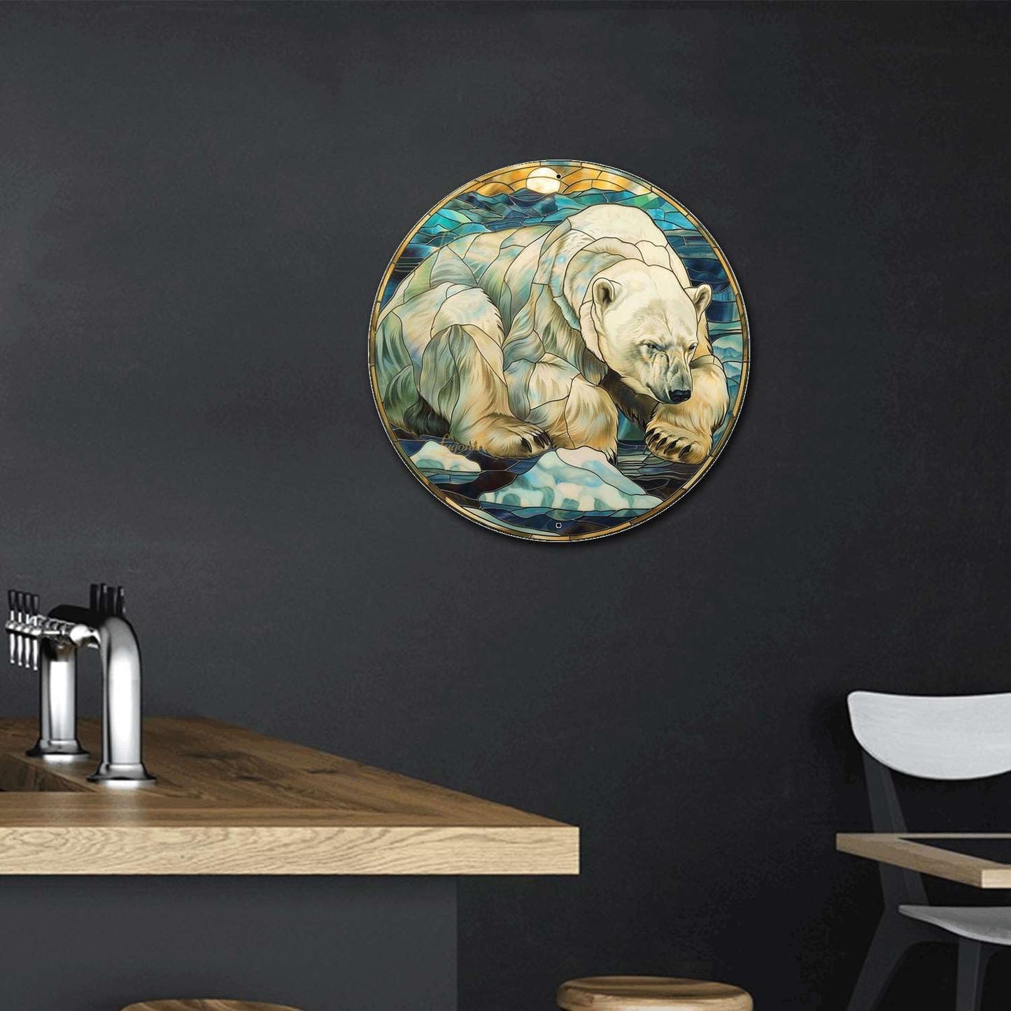 Lygond Metal Sign Tin Sign Circular Stained Glass Polar Bear Bar Signs for Home Decor for Pet 12×12 Inches