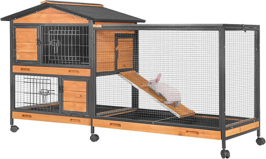 GUTINNEEN Rabbit Hutch with Chew-Resistant Metal Frame Indoor Bunny Cage Outdoor Rabbit Cage with Wheels and Leakproof Tray