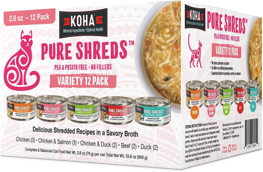 KOHA Pure Shreds Cat Variety Pack, High Protein Wet Cat Food - 5 Flavors - Beef, Duck, Chicken & Duck and Chicken & Salmon Food for Cats - 2.8 oz Cans, Pack of 12