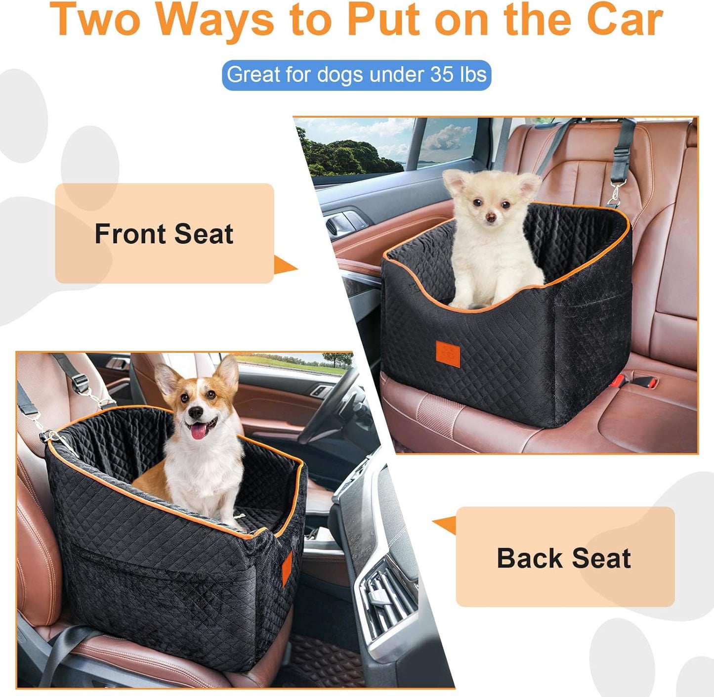 Dog Car Seat for Small Dogs, Memory Foam Booster Dog Seat for Dogs up to 35 lbs, Elevated Pet Car Seat with Washable Removable Cover, Storage Pockets (Black)