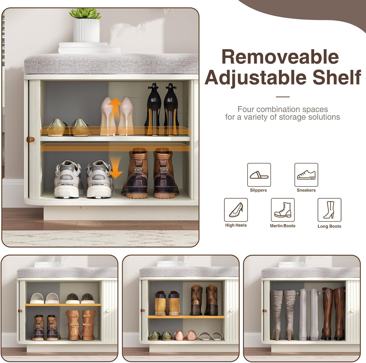 Cream White 39.4" W 2-Tier Shoe Bench with Storage | Entryway Bench with Padded Cushion, Sliding Doors & 5 Hooks