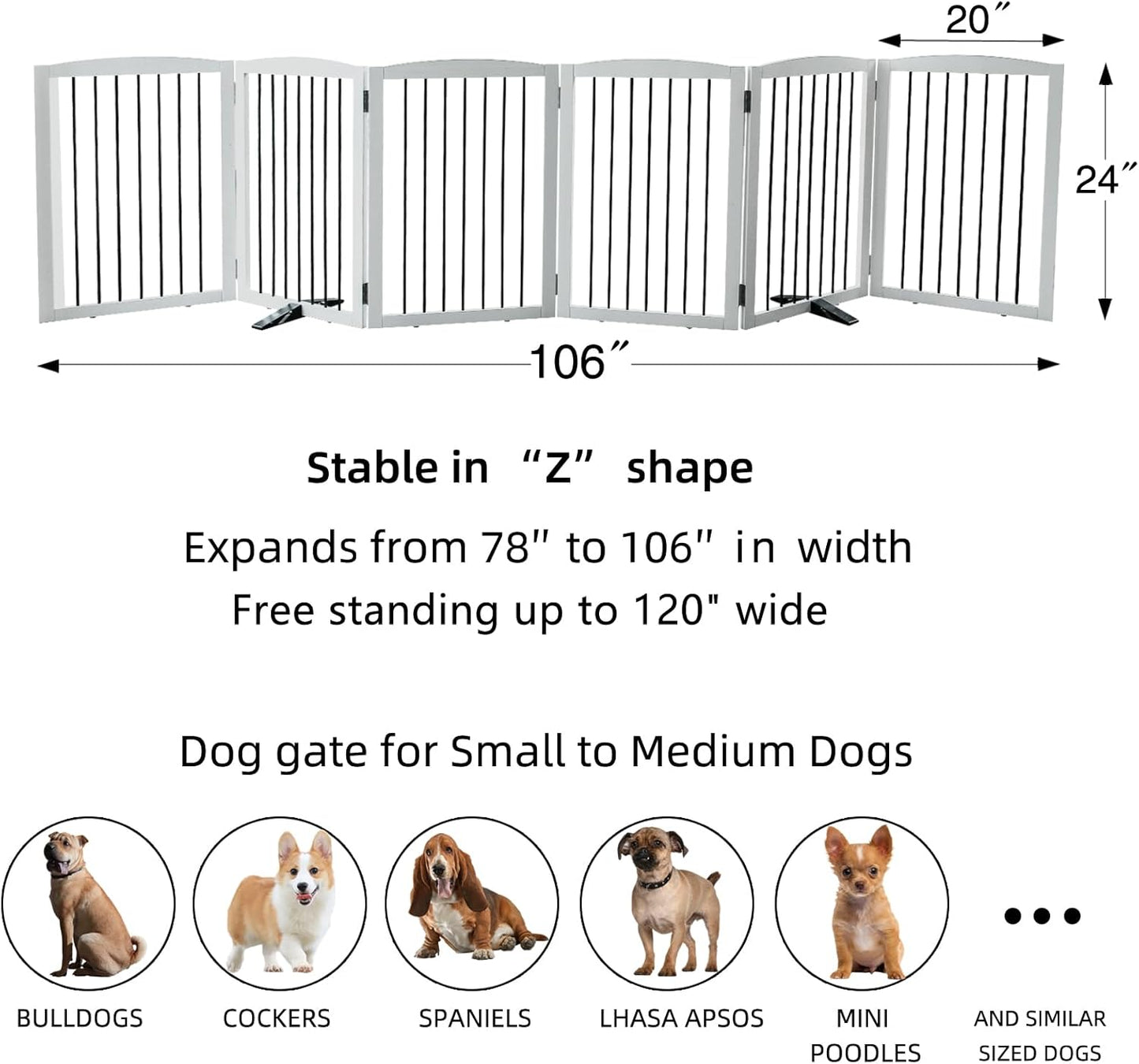 Freestanding Panel Dog Gate for Indoor Doorways, Stairs, or Hallways, Foldable Wooden Pet Gate, Support Feet Included, 24" Height-6 Panels, White