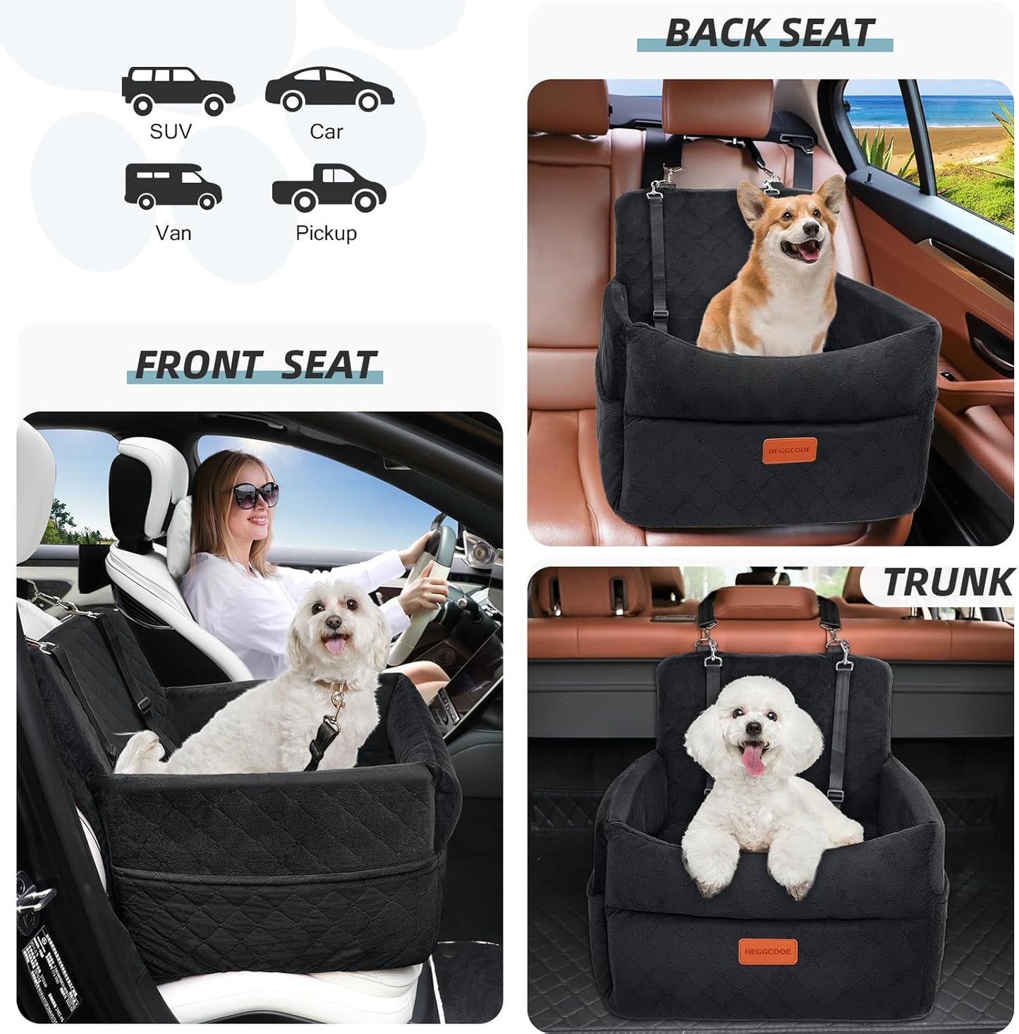 Small Dog Car Seat, Memory Foam Dog Booster Car Seats with Thick Cushion for Medium Dogs Under 35lbs, Detachable Washable Dog Bed for Car, Pet Carseat with Storage Pockets,2 Safety Belts