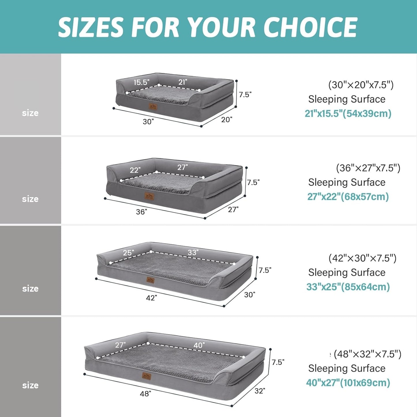 Orthopedic Dog Bed for Extra Large Dog, XL Pet Couch for XLarge Size Dog, Big Supportive Foam Bolster Sofa with Waterproof Lining Cover, Comfort, Washable, 48x32x7.5 in, U Shape, Grey