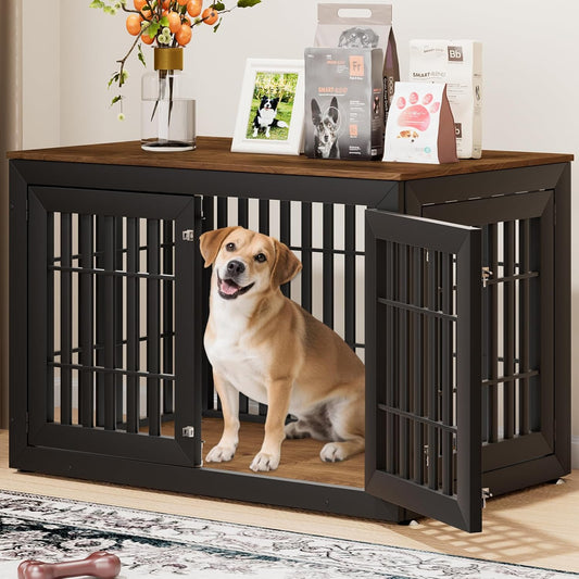 48" Heavy Duty Dog Crate Furniture for Small,Medium and Large Dogs,Rustic Wooden Dog Cage Kennel Indoor Furniture with Waterproof Top,Decorative Pet House Side End Table (Black & Wood)