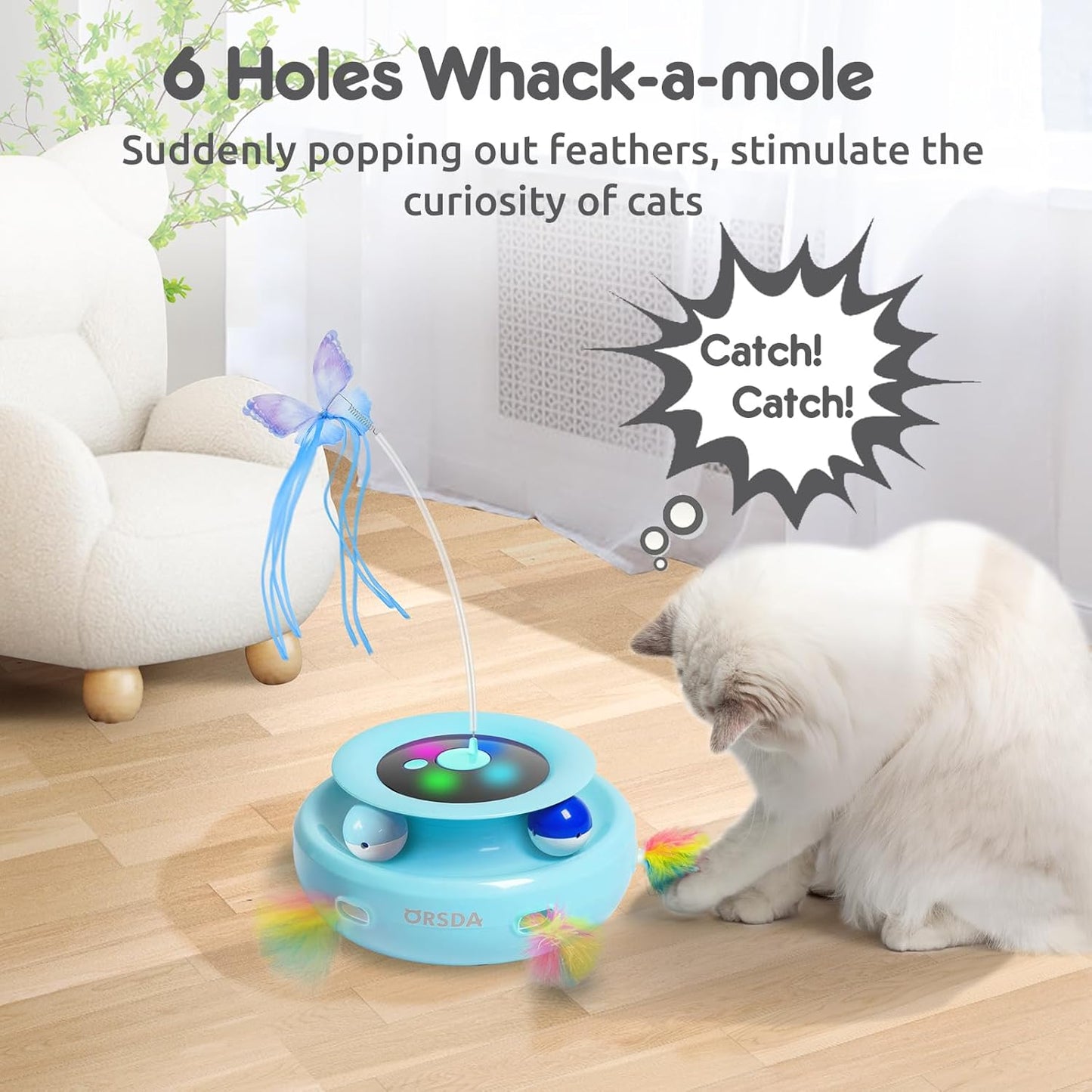 ORSDA Cat Toy, 3-in-1 Automatic Interactive Electronic Moving Ambush Feather, Fluttering Butterfly, Track Balls, USB Rechargeable Powered Smart Indoor Exercise Kicker