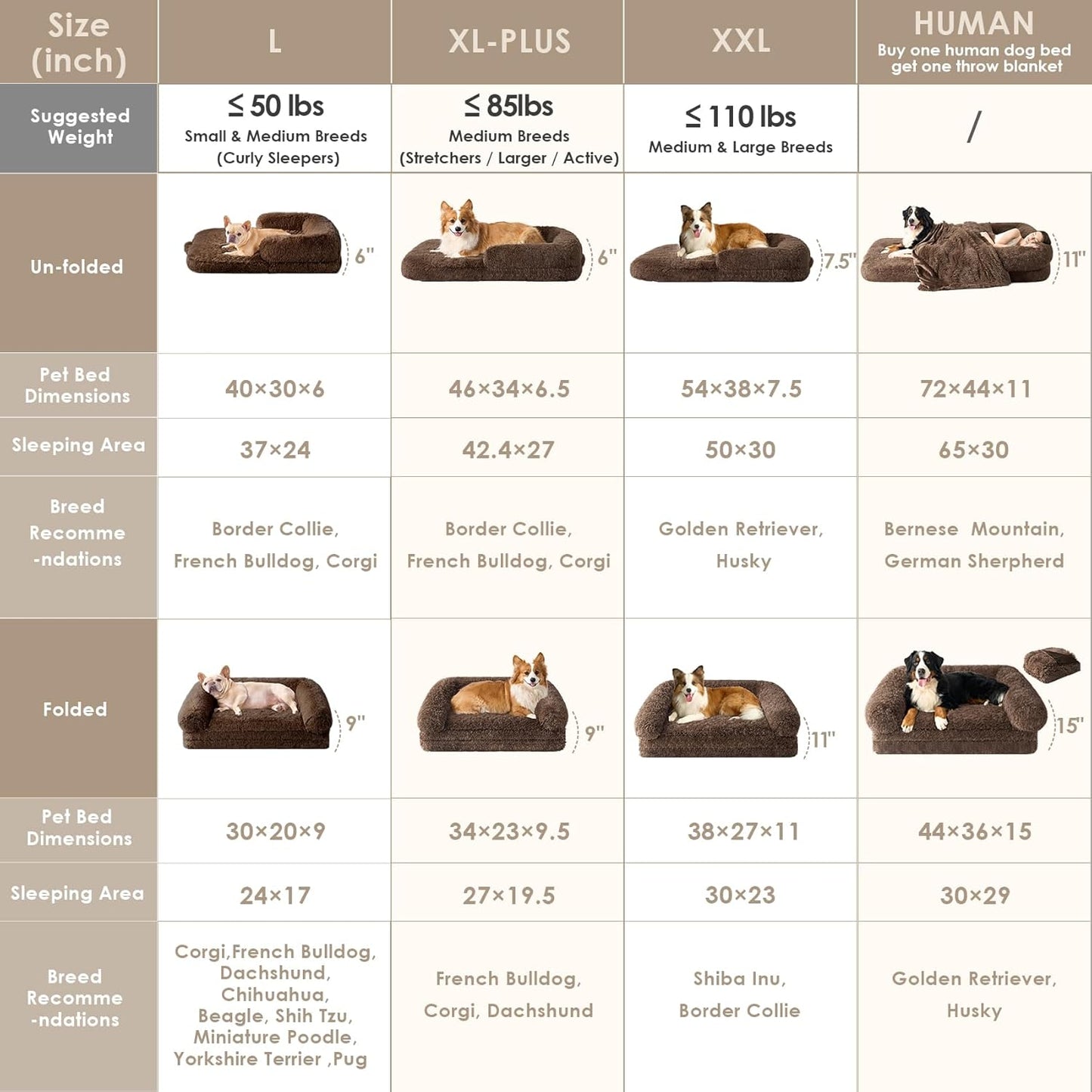 EHEYCIGA Foldable XXL Dog Bed, Faux Fur Fluffy Pet Couch Bed for Extra Large Dogs, Orthopedic Calming Memory Foam Big Pet Bed, Washable Soft Pet Sofa Bed with Non-Slip Bottom, Brown, 54"x38"x7.5"