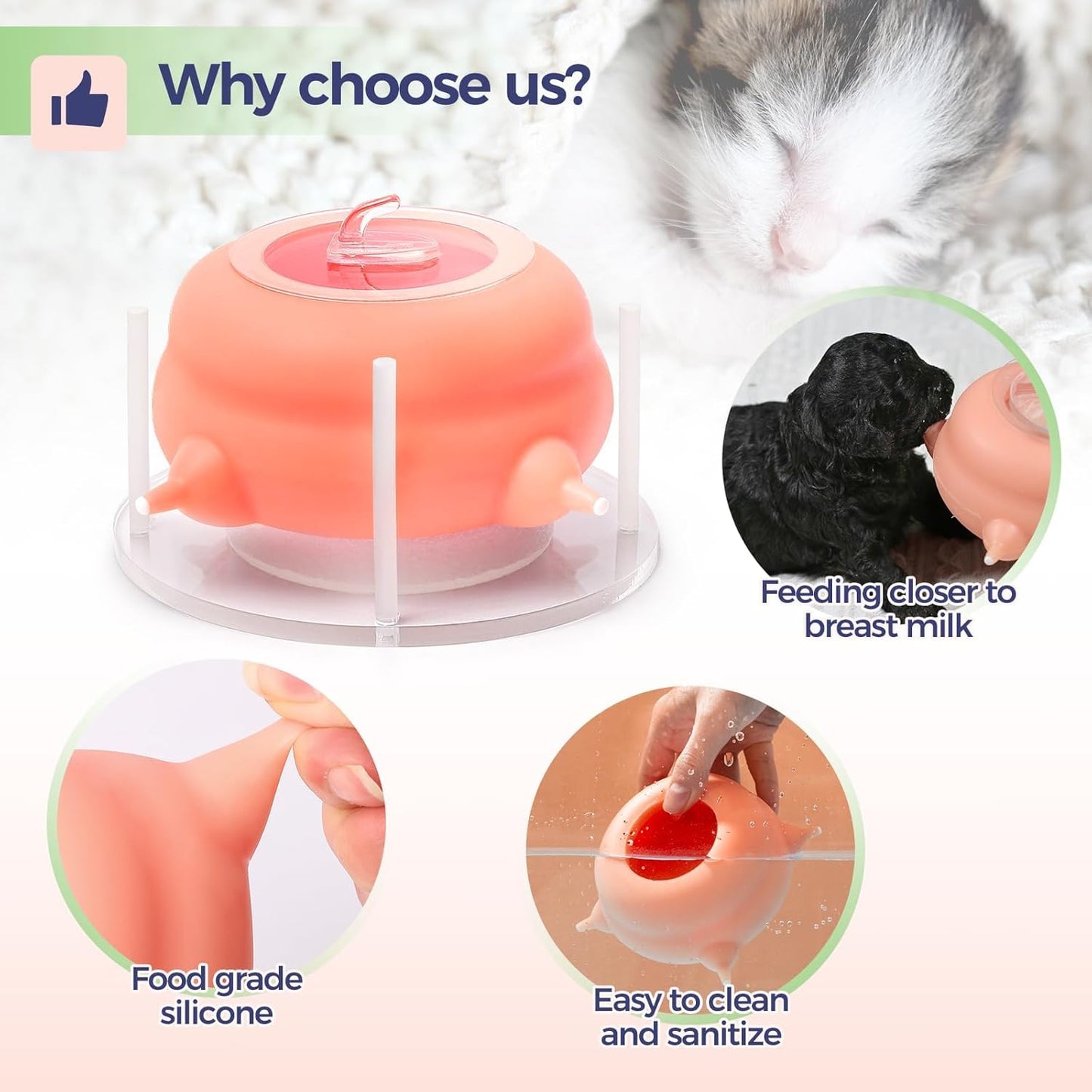 Nursing Nipple for Kittens,Puppy Milk feeders for Multiple Puppies with 4 Nipples & Support Base,Smooth Flow Nipple for Kittens,Ideal Replacement for Nursing Bottle kit,200ml Capacity(Pink)