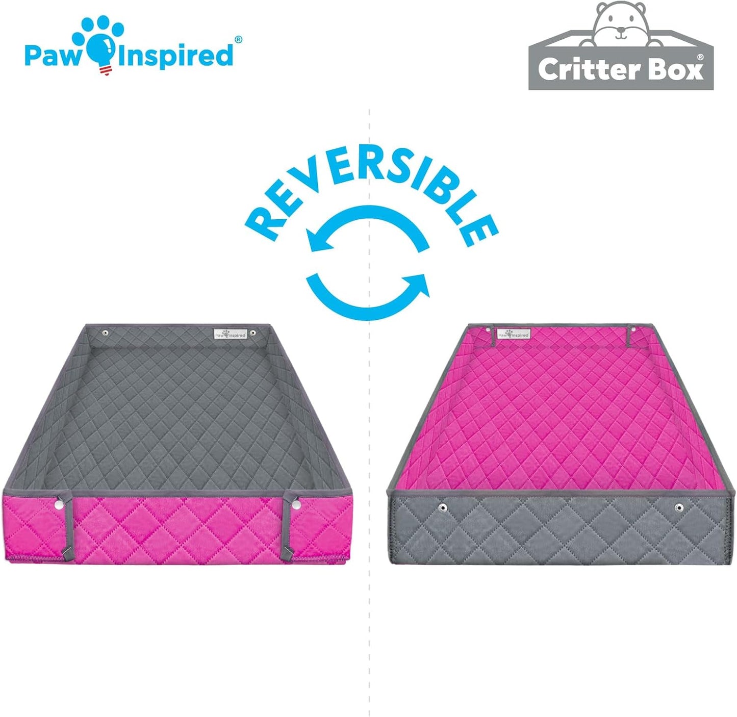 Paw Inspired Critter Box Washable Cage Liner, Reversible Fleece Bedding with Raised Sides for Guinea Pigs and Other Small Animals (C&C 2x3 (14" Grids), Gray/Pink)