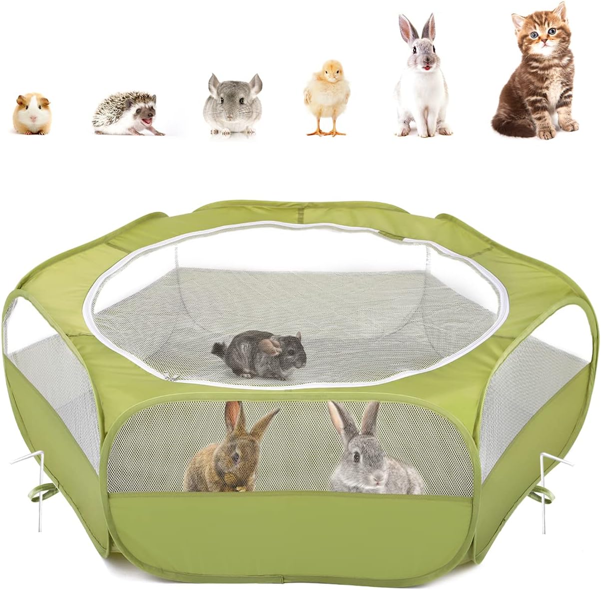 Pawaboo Small Animals Playpen, Waterproof Small Pet Cage Tent with Zippered Cover, Portable Outdoor Yard Fence with 3 Metal Rod for Chick/Kitten/Puppy/Guinea Pig/Rabbits/Hamster/Chinchillas,Green