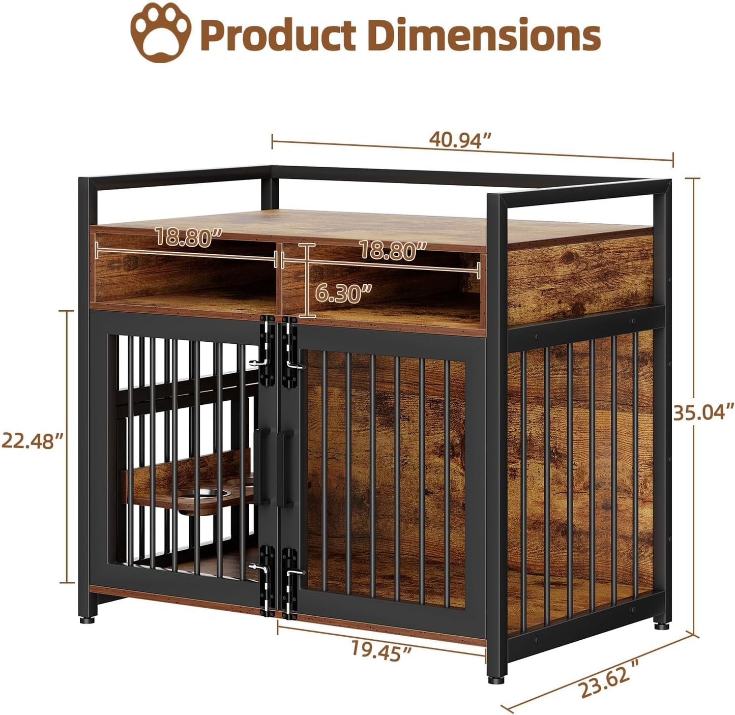 Large Dog Crate Furniture, 41 Inch Wooden Dog Crate, Heavy Duty Dogs Kennel with 2 Drawers Storage, 360° Adjustable Raised Feeder, Indoor Dogs House End Table