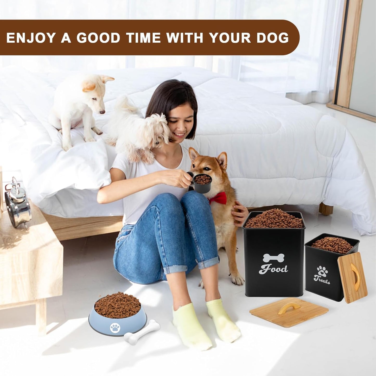 Dog Treat Container 2PCS, Dog Food Storage Container with Lids Airtight, Dog Treat Jars for Kitchen Counter-7+3Lbs, Small Dog Cookie Jar for Storage, Pet Treat Container (Upgraded) Black