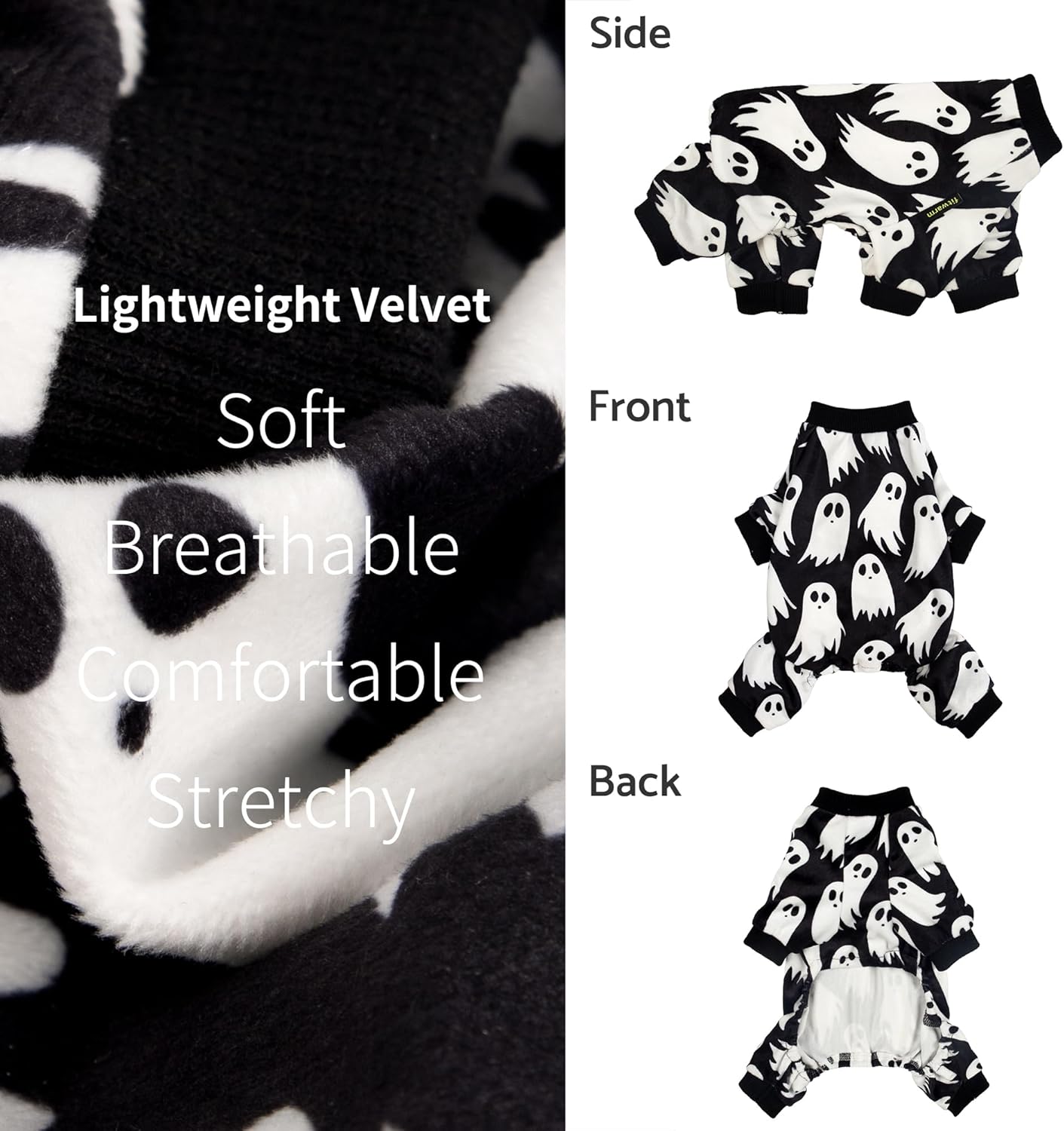 Fitwarm Halloween Ghost Dog Pajamas, Funny Halloween Costumes for Dogs, Fleece Dog Onesie with Feet, Doggy Clothes for Small Dogs Boy Girl, Pet Apparel, Black, White, Medium