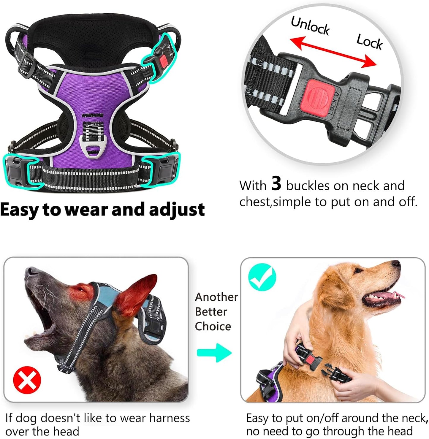 Timos Dog Harness Medium Sized, No Pull with Neck Lockable Snap,No Choke Front Clip Dog Reflective Harness,Adjustable Metal Rings 3 Buckles,Easy Control Handle for Medium Dogs Purple M
