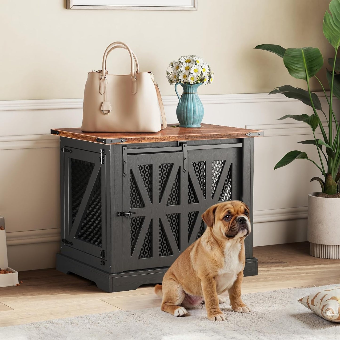 VOPEAK 27.5" Small Dog Crate Furniture, Chew Resistant Dog Crate for Puppy Dogs, Heavy Duty Small Dog Crate Dog Kennel Indoor with Double Doors, Wooden End Table for Bedroom Living Room, Black