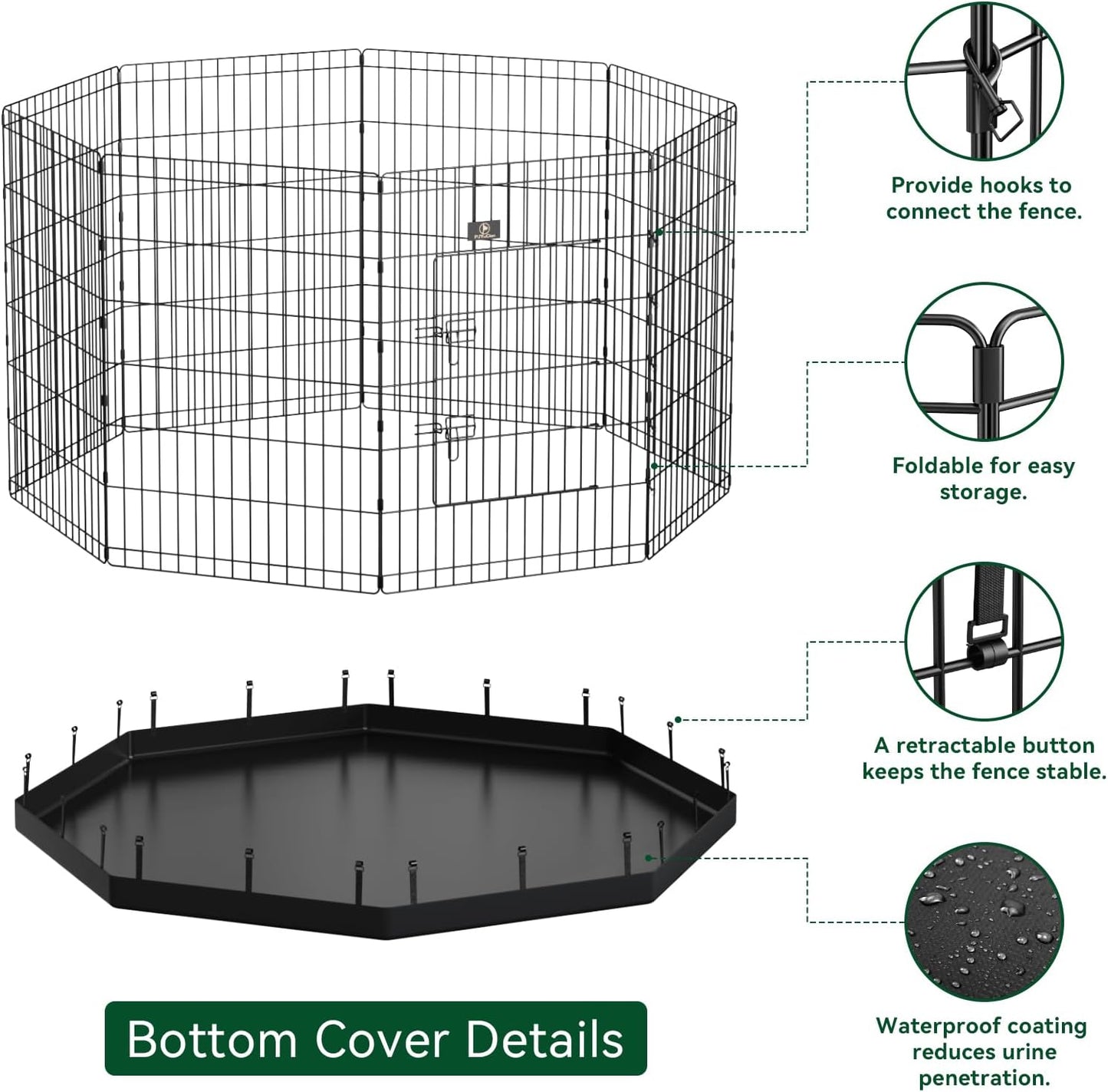PJYuCien Dog Playpen, 8 Panels 30’’H Dog Pens Indoor with Bottom Pad, Metal Foldable Pet Puppy Exercise Fence Crate Kennel, Better for Small Animals,Black