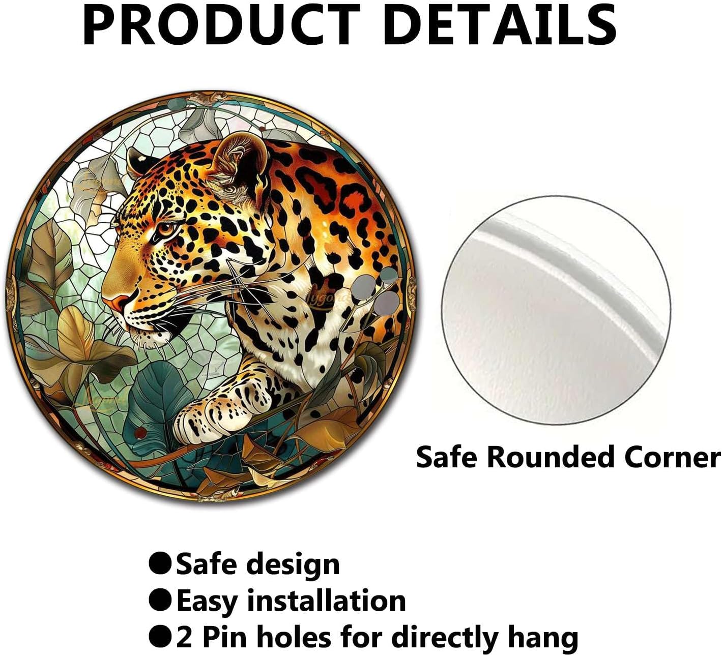 Lygond Metal Sign Tin Sign Circular Stained Glass Leopard Funny Sign for Restaurant 8×8 Inches