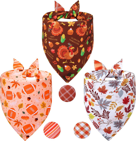 Thanksgiving Dog Bandanas XLarge 3PCS, 6 Pattern Fall Scarf for Boy and Girl, Pumpkin Leaves Rugby Triangle Reversible Bibs Breed for Puppy Pets