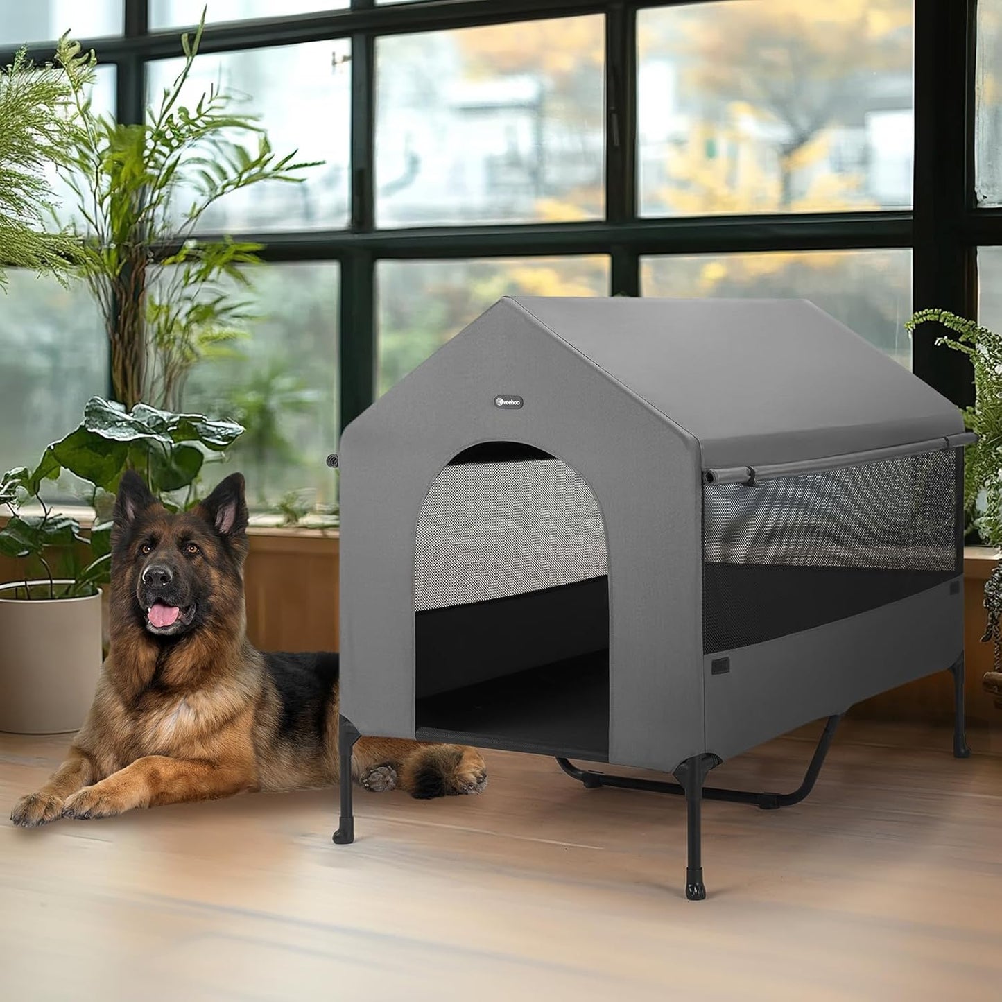 Veehoo 47" Dog House, 2-in-1 X-Large Dog House Outdoor Indoor Weatherproof, Outside Elevated Dog Cot Bed Dog Tent Shade, Three-Sided Breathable Mesh Windows and Sunshades, CWC2435CP