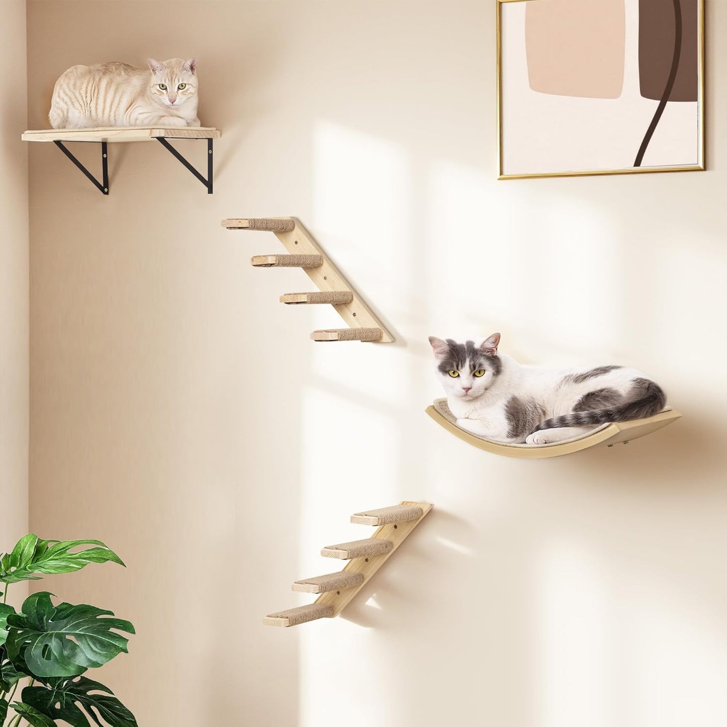 Wall Mounted Cat Shelves Stairs Set, 4 Piece Wood Cats Wall Furniture with Sisal Cat Window Perch, Flat Perch & Dual 4-Step Ladders for Climbing & Scratching