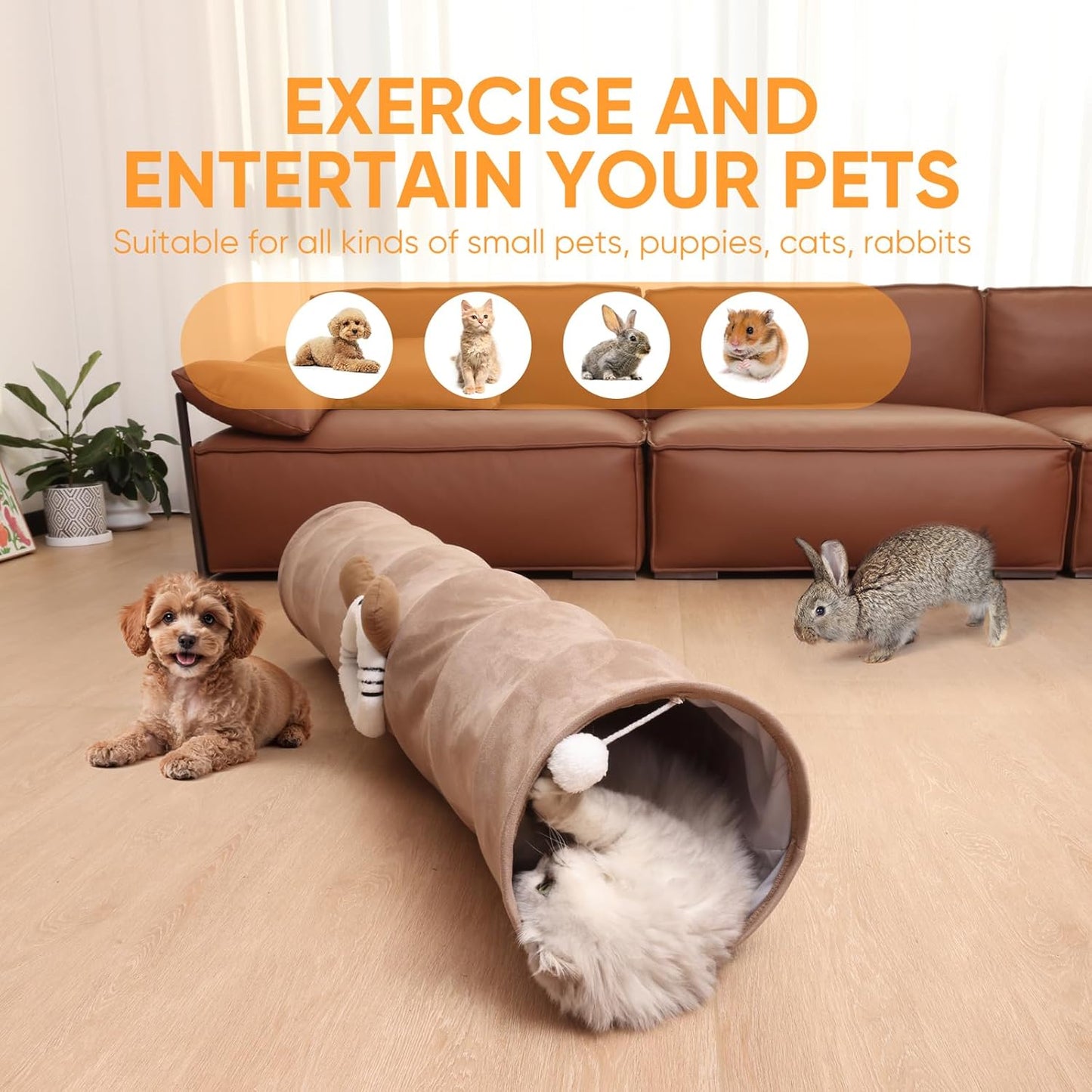 Collapsible Cat Tunnel Straight Tube for Indoor Cats & Kittens Large Foldable Play Cave Toy with Hanging Ball & Peek Hole,Ideal for Rabbits, Ferrets, Puppies & Small Pets