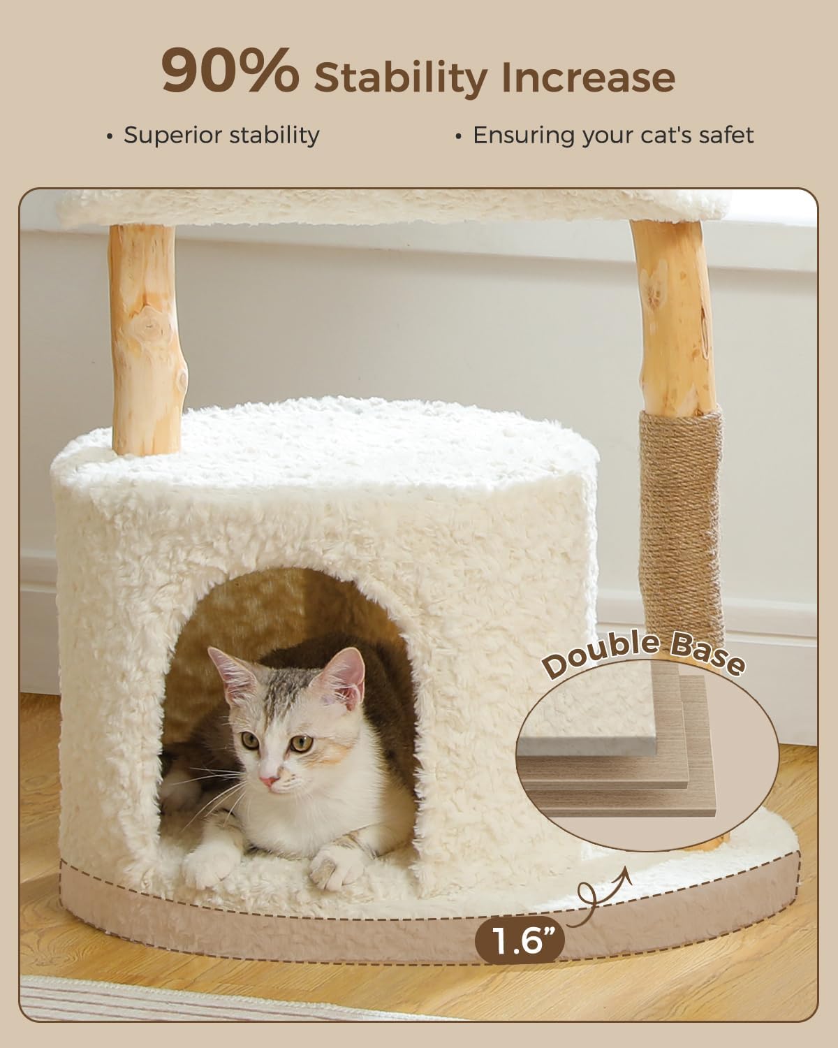 Modern Cat Tree Tower for Large Cats, Wood Cat Tower with Natural Scratching Post, Solid Wood Condo, Real Branch Luxury Cat Furniture with Curved Bed, Top Basket, White