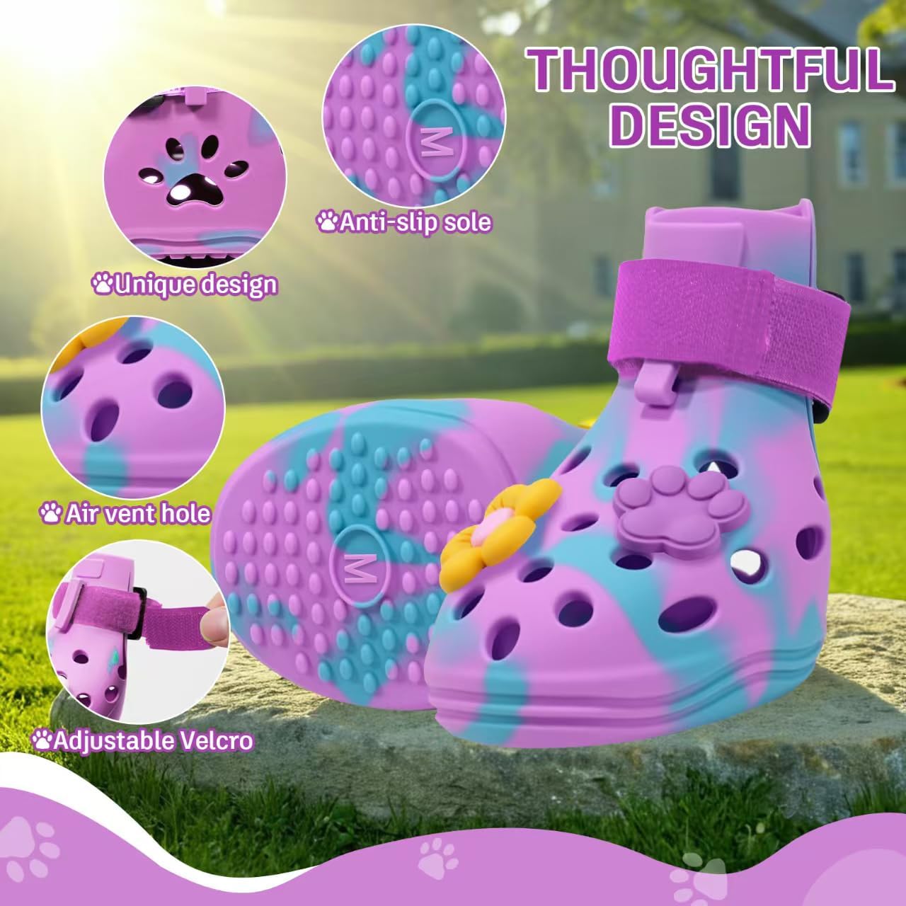 Dog Shoes for Hot Pavement, Adjustable Magic Tape Boots for Small, Medium & Large Dogs, Anti-Slip, Easy to Clean Paw Protectors for Beach, Outdoor & Hot Weather (Purple M)