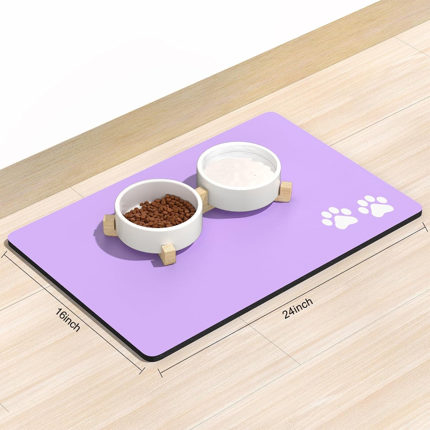 Rnivvi Dog Food Mat, 16" x 24" Footprint Absorbent Dog Cat Bowl Mat for Food and Water, Cute Anti-Slip Rubber Pet Feeding Rug Protect Floors, Puppy Placemat for Feeding & Watering Supplies, Purple