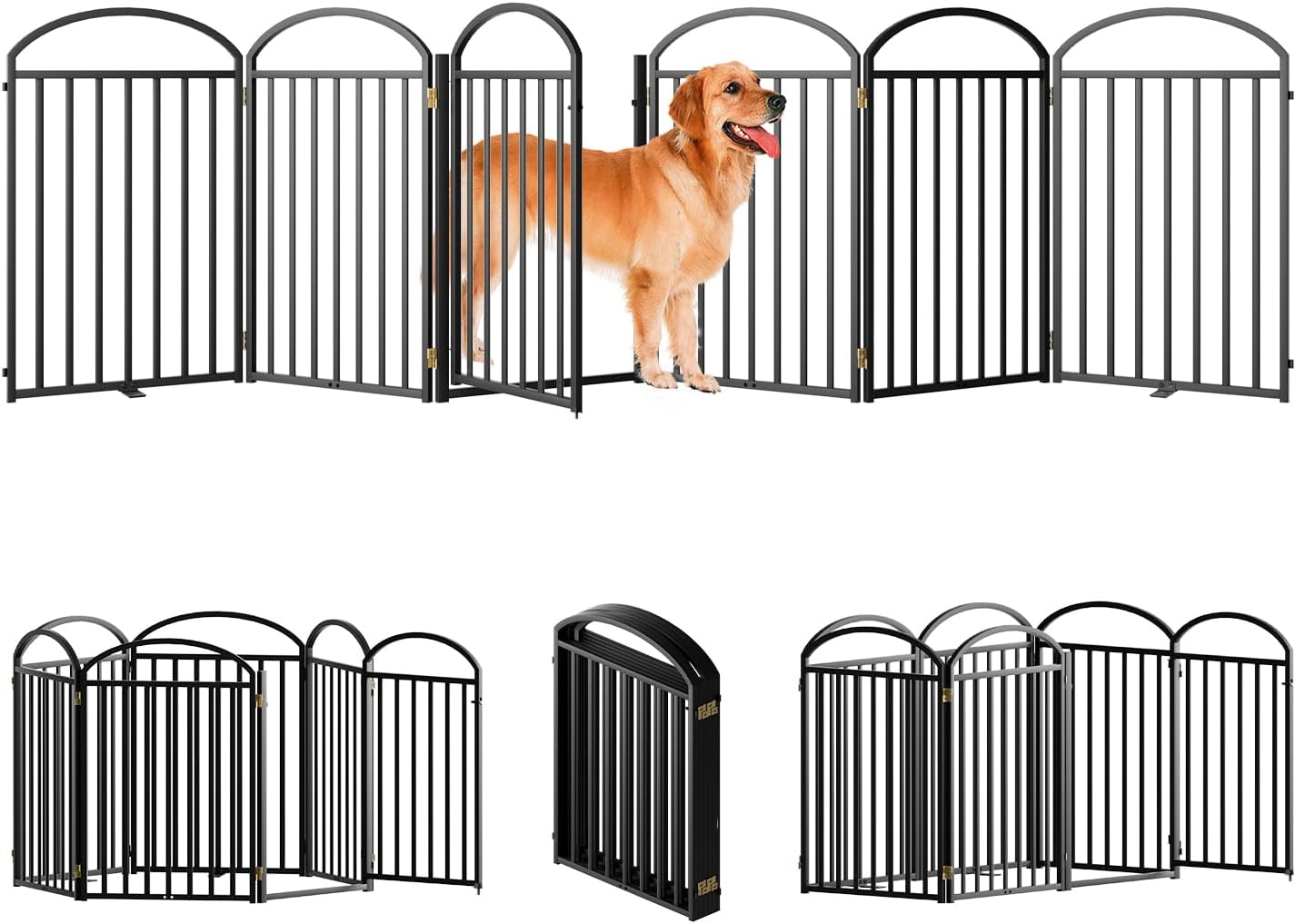 6 Panles Full Matel Freestanding Dog Gates with Door, 144"Extra Wide 32"Tall Free Standing Dog Pet Gate for Indoor & Outdoor. Foldable Pet Fences for Doorways, House, Stairs, Porch, Deck, Yard