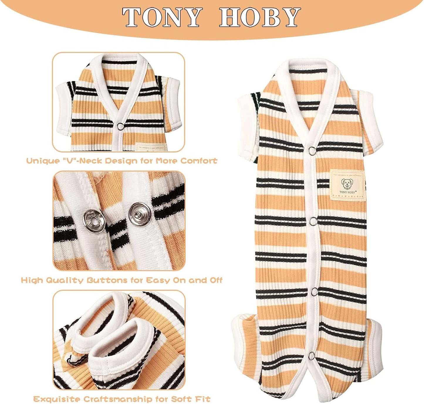 TONY HOBY Male Dog Pajamas, 4 Legged Dog Jumpsuit with Brown Stripe, Dogs Shirt for Small Medium Dogs (Brown, Boy, L)
