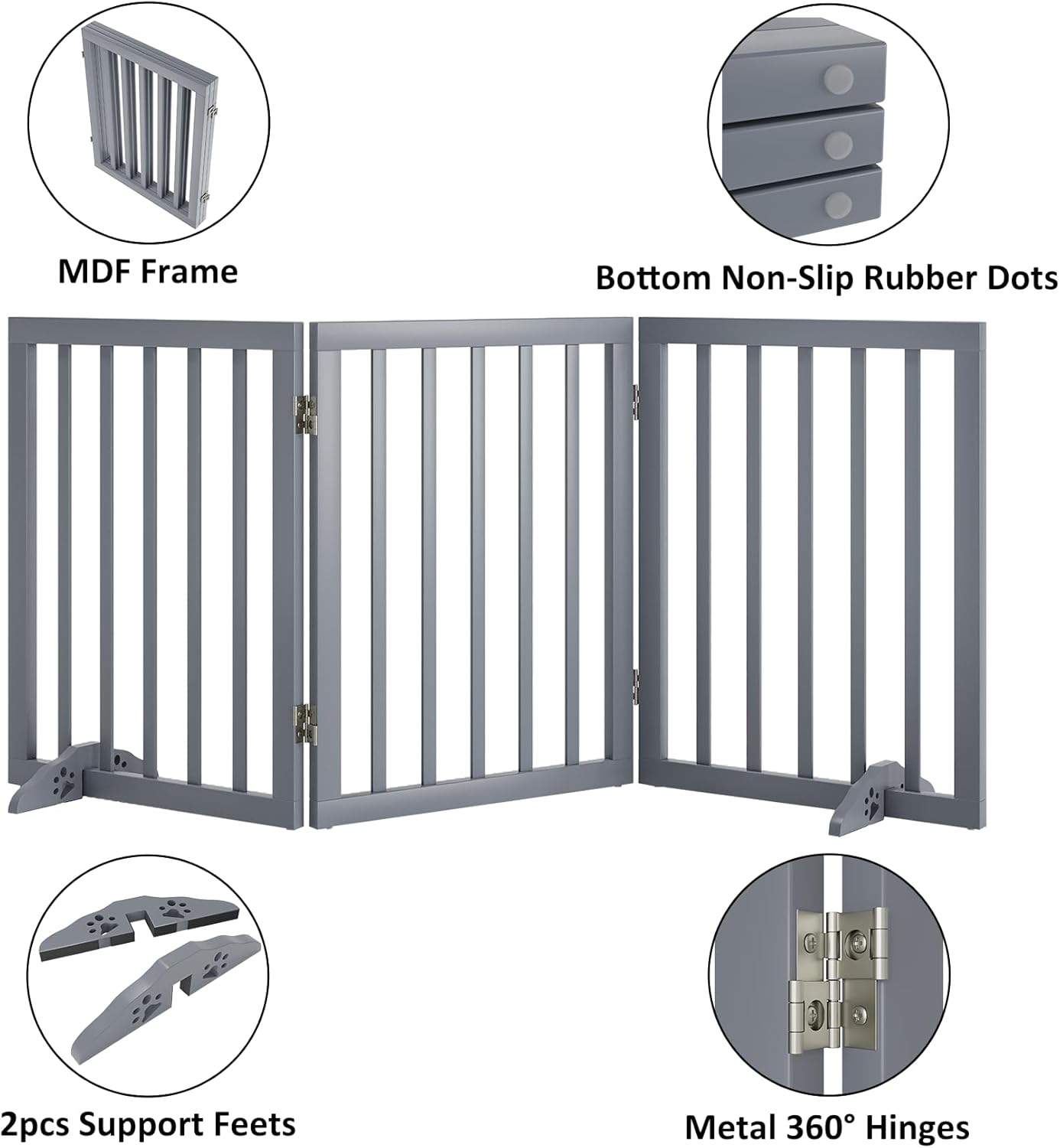 Freestanding Wooden Dog Gate - 24 Inch Tall, Support Feet, Step Over, Indoor