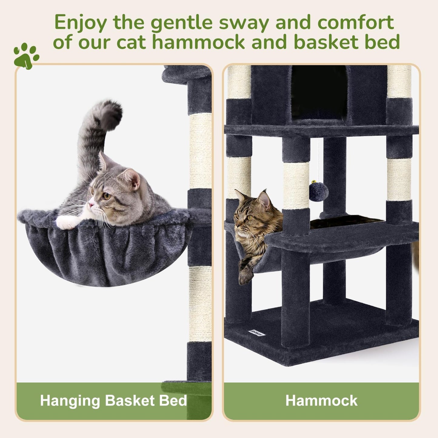 Globlazer Corner Cat Tree Tower for Indoor Cats, 51in Multi-Level Cat Condo Tower with Large Hammock, 7 Sisal Scratching Posts, Oversized Top Perch, Spacious Cat Cave, Hanging Basket, C51, Dark Grey