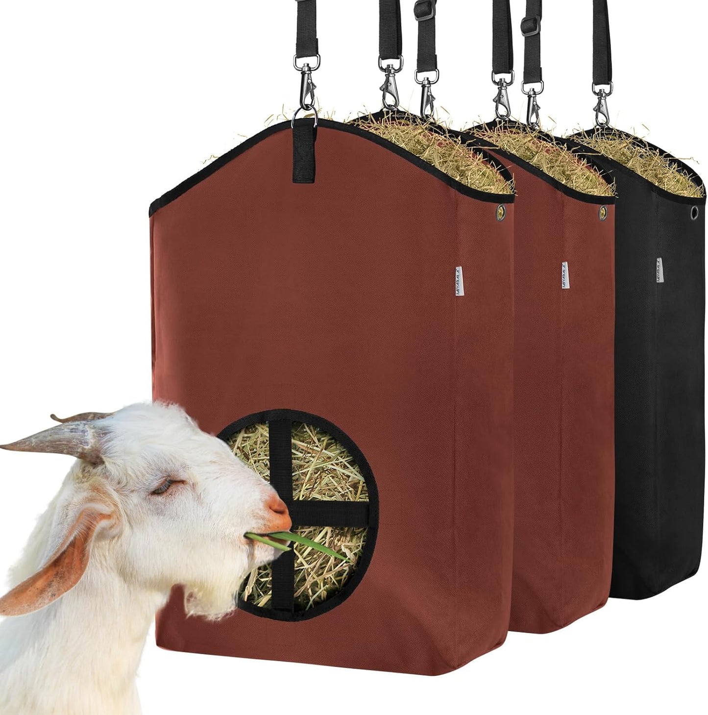 3 Packs Goat Hay Feeder,Hay Bags for Goats,Horses,Sheep,Premium 600D Oxford Cloth,with Metal Fastener and Adjustable Open Feed Hole for Slow Feeding. (2Brown + 1Black)